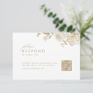 Elegant Modern Goud Bloemen Bruiloft QR code RSVP Kaartje