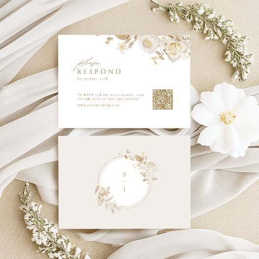 Elegant Modern Goud Bloemen Bruiloft QR code RSVP Kaartje