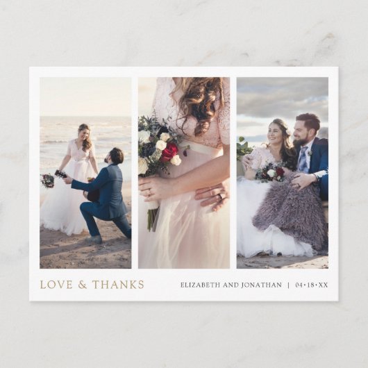 Elegant Modern Goud Drie foto bruiloft Dank u Briefkaart (Voorkant)