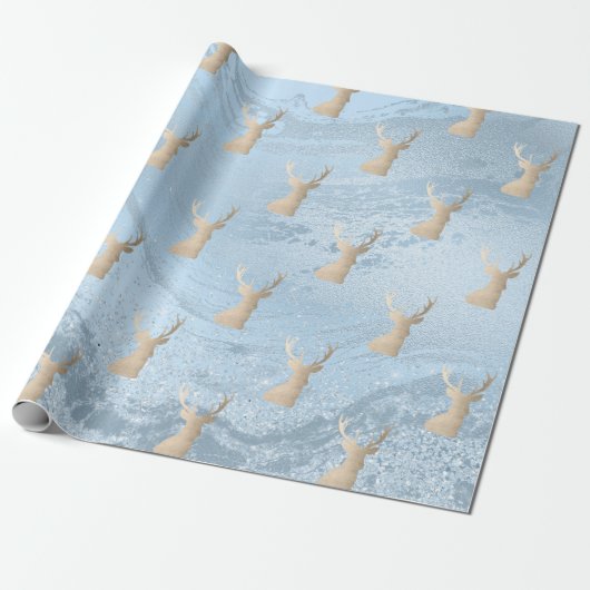 Elegant modern goud- en blauw kersthertenpatroon cadeaupapier (Uitgerold)