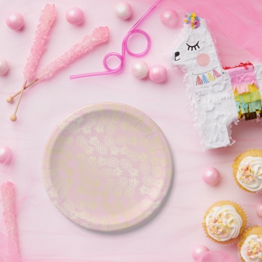 Elegant modern goud- en roze anananaspatroon papieren bordje (Feest)