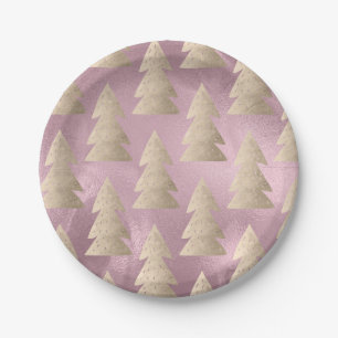 Elegant modern goud- en roze kerstboompatroon papieren bordje