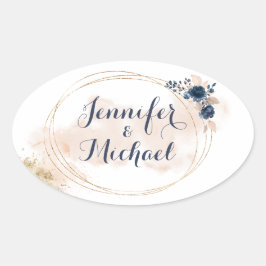 Elegant Modern Goud Lijst Perzik Blauw Bloemen Ovale Sticker