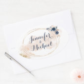 Elegant Modern Goud Lijst Perzik Blauw Bloemen Ovale Sticker (Envelop)