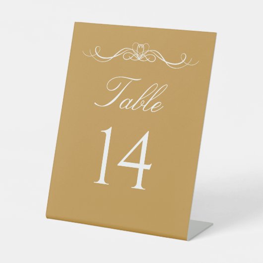 Elegant Modern Goud & Wit Script Tafelnummer Reclamebord Met Voetstuk (Voorkant)