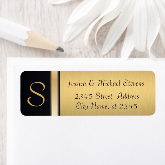 Elegant modern goud / zwart monogram bruiloft etiket (Insitu)