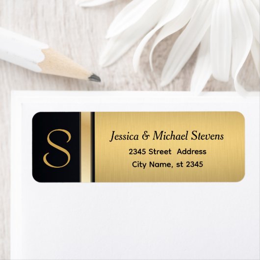 Elegant modern goud/zwart monogram trouwlabel etiket (Insitu)