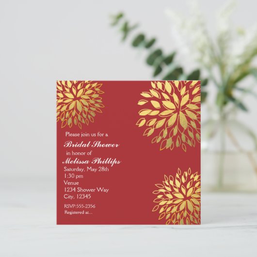 Elegant Modern Gouden Folie Bloemen Donkerrood Inv Kaart (Staand voorkant)