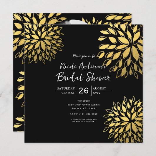 Elegant Modern Gouden Folie Bloemen Zwart Uitnodig Kaart (Voorkant / Achterkant)