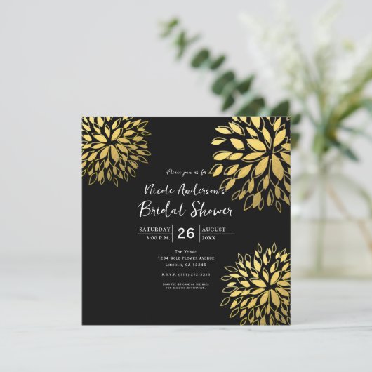 Elegant Modern Gouden Folie Bloemen Zwart Uitnodig Kaart (Staand voorkant)
