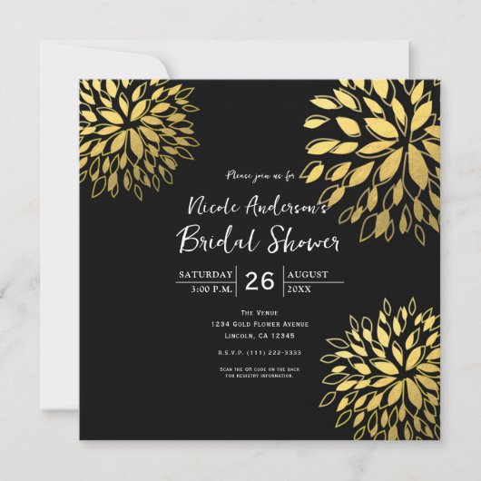 Elegant Modern Gouden Folie Bloemen Zwart Uitnodig Kaart (Voorkant)