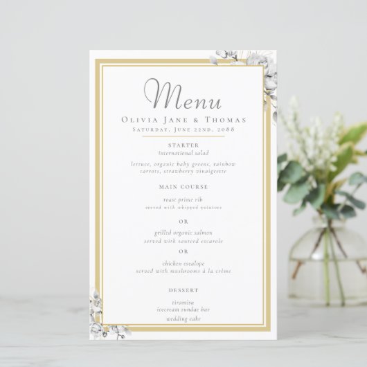 Elegant Modern Gouden Lijst Bloemig Bruiloftsmenu (Staand voorkant)