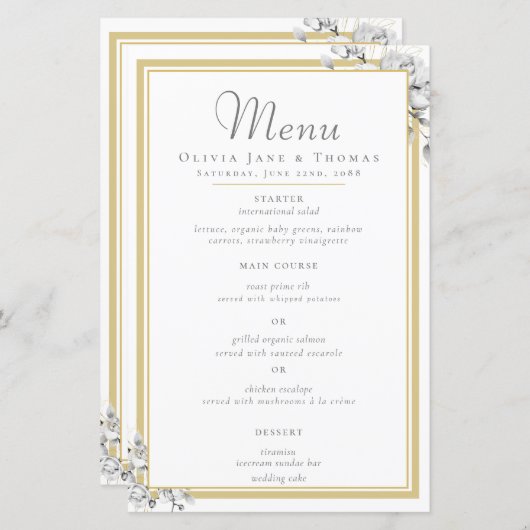 Elegant Modern Gouden Lijst Bloemig Bruiloftsmenu (Voorkant / Achterkant)