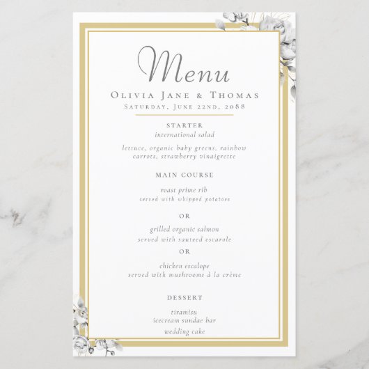 Elegant Modern Gouden Lijst Bloemig Bruiloftsmenu (Voorkant)