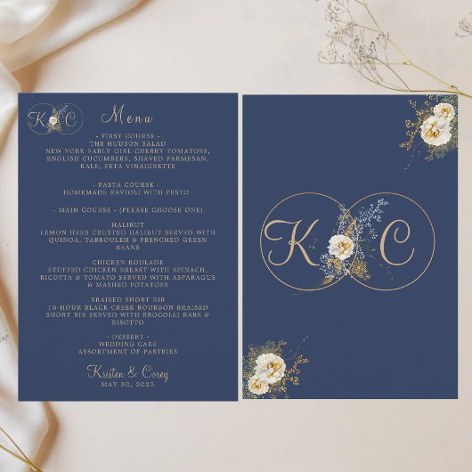 Elegant Modern Gouden Monogram Navy Blauwe Trouw Menu