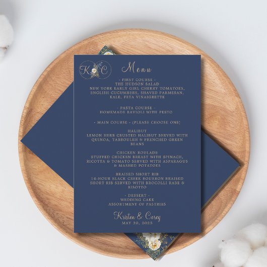 Elegant Modern Gouden Monogram Navy Blauwe Trouw Menu