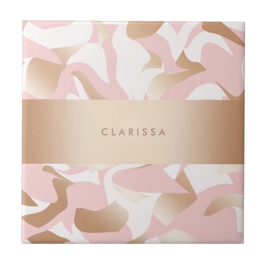 Elegant modern goudroze wit abstract patroon tegeltje (Voorkant)