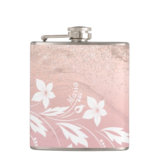 Elegant modern gradiënt roos goud glitter floral heupfles (Voorkant)