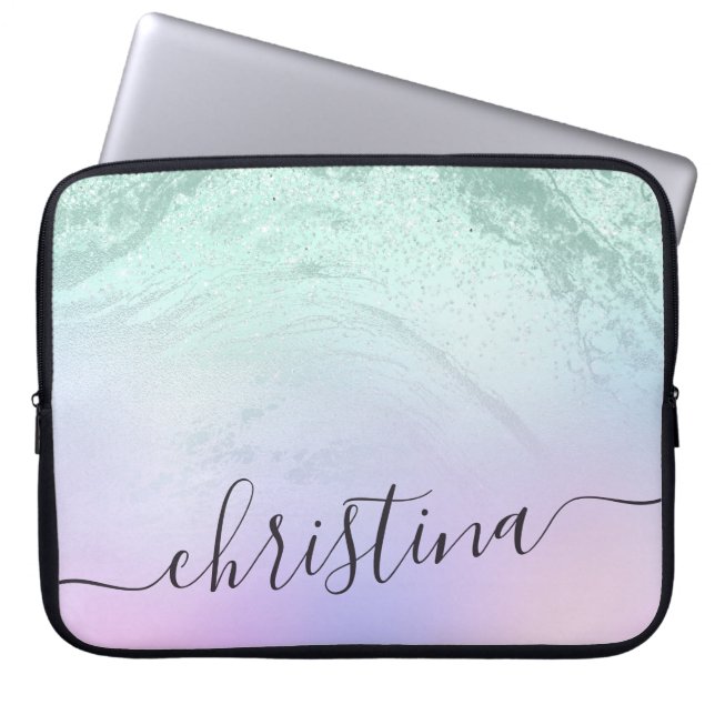 Elegant modern gradiëntmunt groen glitter paars laptop sleeve (Voorkant)