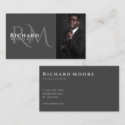 Elegant Modern Gray and White Photo Monogramed Visitekaartje (Voorkant / Achterkant)