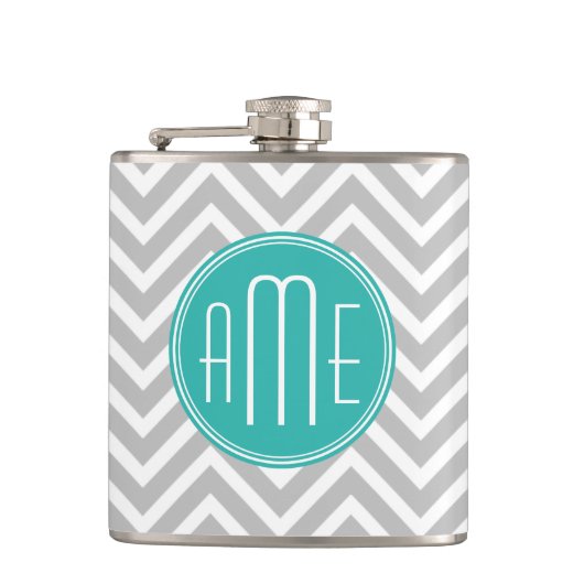 Elegant Modern Gray Chevron en Mint Monogram Heupfles (Voorkant)