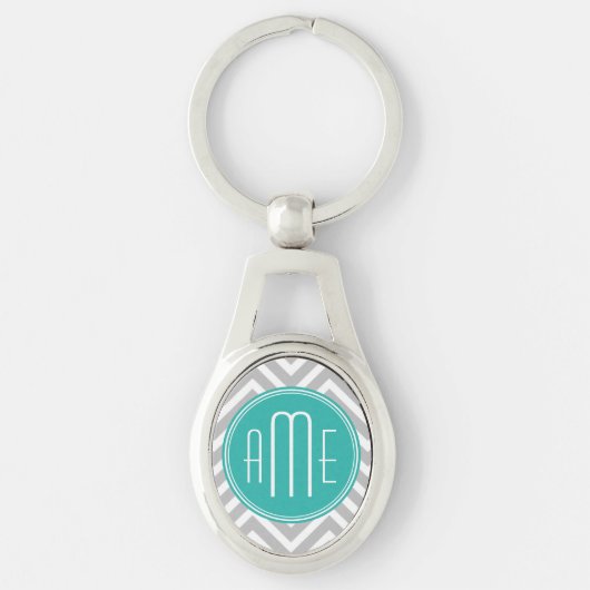 Elegant Modern Gray Chevron en Mint Monogram Sleutelhanger (Voorkant)