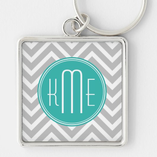 Elegant Modern Gray Chevron en Mint Monogram Sleutelhanger (Voorkant)