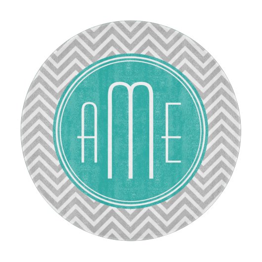 Elegant Modern Gray Chevron en Mint Monogram Snijplank (Voorkant)