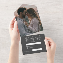 Elegant modern gray wedding photo with RSVP All In One Uitnodiging