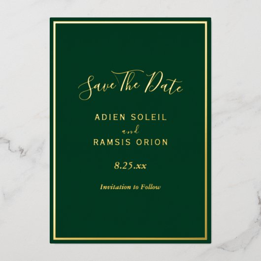 Elegant modern Green Gold Foil bewaar de Date Kaar Folie Uitnodiging (Voorkant)