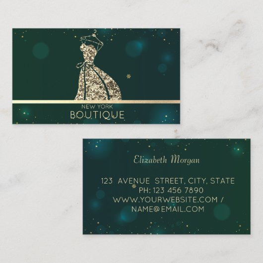 Elegant modern Green Gold Glitter Dress Visitekaartje (Voorkant / Achterkant)