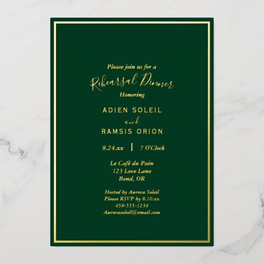 Elegant modern Green Gold Wedding Rehearsal Dinner Folie Uitnodiging (Voorkant)