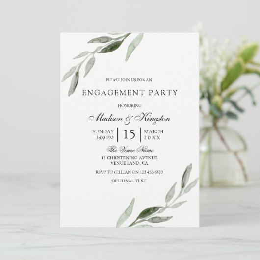 Elegant Modern Green Leaf Engagement Party Kaart (Staand voorkant)