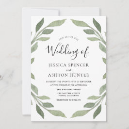 Elegant Modern Green Leaf Wreath Wedding Invite Kaart