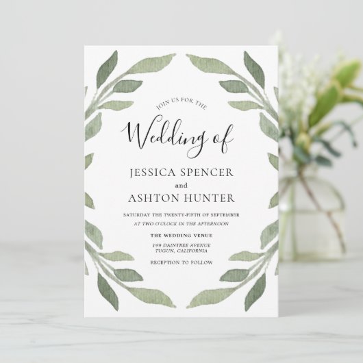 Elegant Modern Green Leaf Wreath Wedding Invite Kaart (Staand voorkant)