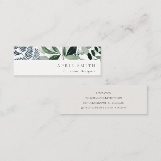 Elegant Modern Green Leafy Tropical Foliage Fern Mini Visitekaartje (Voorkant / Achterkant)