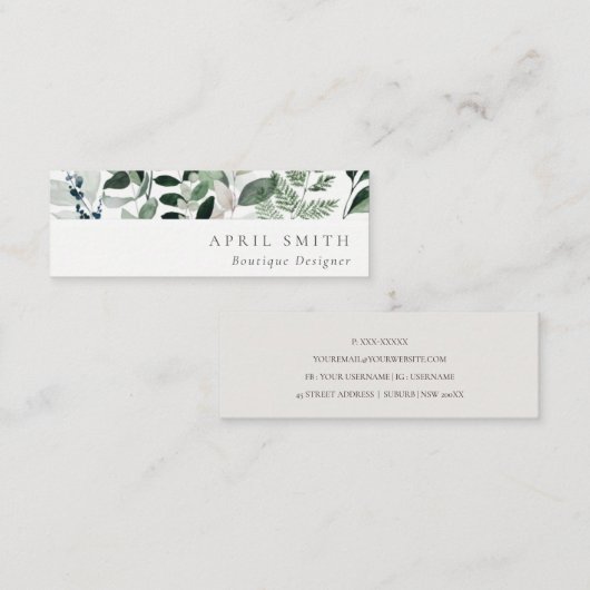 Elegant Modern Green Leafy Tropical Foliage Fern Mini Visitekaartje (Voorkant / Achterkant)