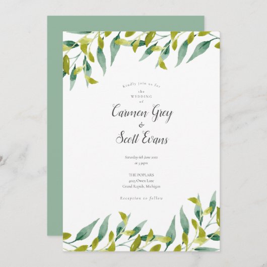 Elegant modern Greenery Chic Script Wedding Kaart (Voorkant / Achterkant)