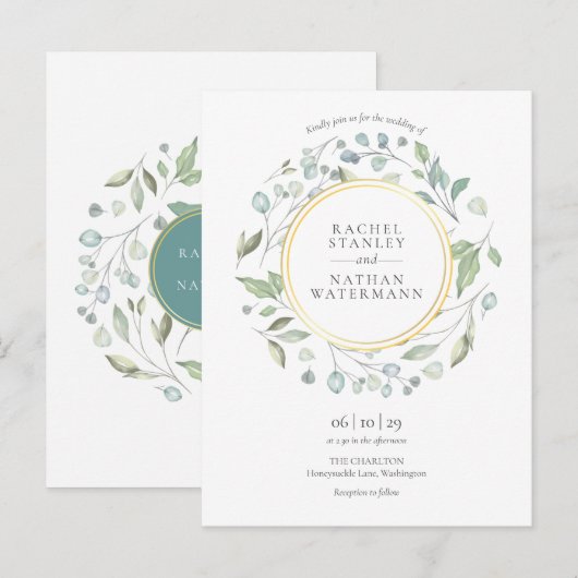 Elegant Modern Greenery Garland Gold Wedding  Uitnodiging Briefkaart (Voorkant / Achterkant)