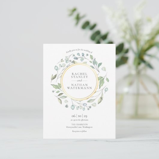 Elegant Modern Greenery Garland Gold Wedding  Uitnodiging Briefkaart (Staand voorkant)