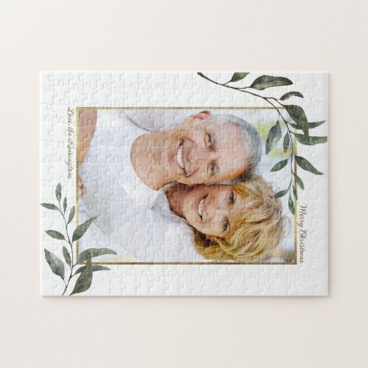 Elegant Modern Greenery Kerstfeestdag Foto Legpuzzel (Horizontaal)