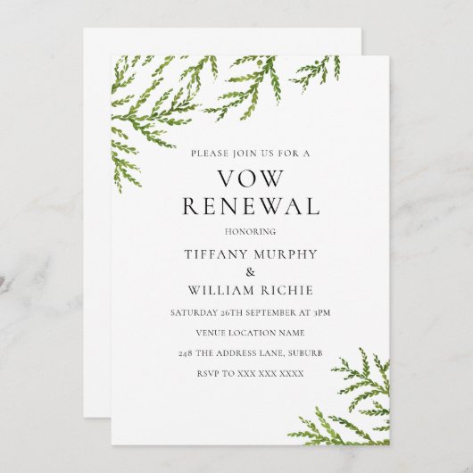 Elegant Modern Greenery Vow Renewal Invite Kaart (Voorkant / Achterkant)