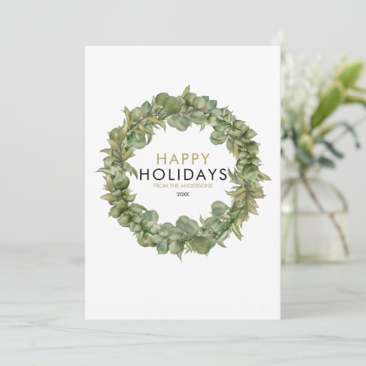 Elegant Modern Greenery Wreath Kerstmis Feestdagenkaart (Staand voorkant)