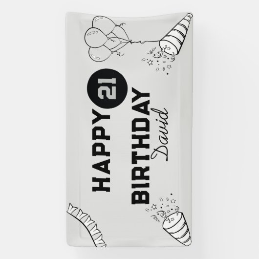 Elegant Modern Grijs en Zwart Gelukkig 21e verjaar Spandoek (Verticaal)