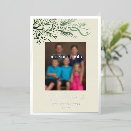 Elegant modern groen Johannes 3:16 Foto Kerstmis Folie Feestdagenkaart (Staand Voorkant)