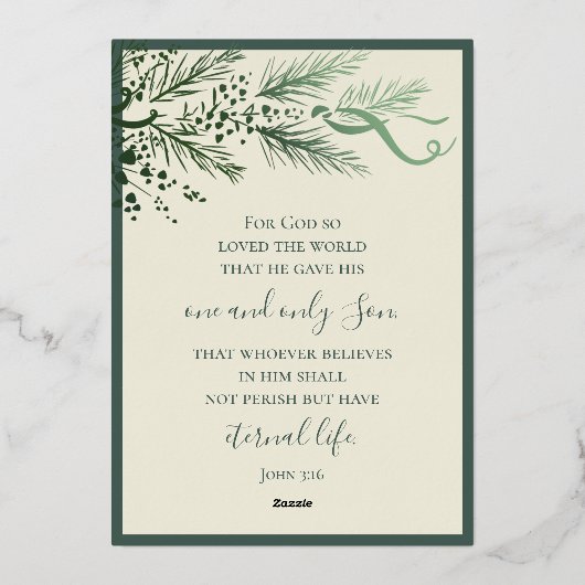 Elegant modern groen Johannes 3:16 Foto Kerstmis Folie Feestdagenkaart (Achterkant)