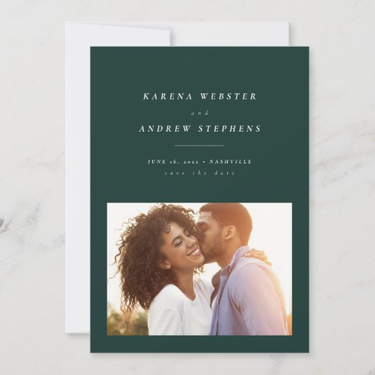 Elegant modern groen slaat de datumfotokaart op save the date (Voorkant)