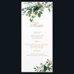 Elegant modern groen waterverf menu<br><div class="desc">Onze weelderige groen en bladeren bruiloft diner menukaart is perfect voor een elegante bruiloft. Het moderne romantische ontwerp heeft een boho-lijst van groene bladeren en groene bladeren in botanische tinten van eucalyptus, groen, munt en roomwitte accenten. Dit menu kan worden gebruikt voor een huwelijksreceptie, repetitiediner of een evenement. Alle Glitter...</div>