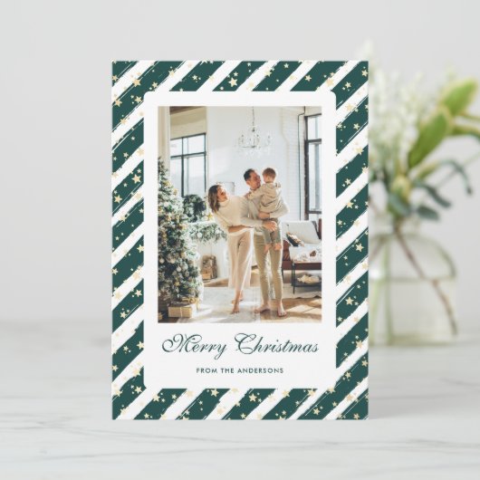 Elegant Modern Groen Wit Foto Vrolijk Kerstfeest Feestdagenkaart (Staand voorkant)
