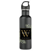 Elegant modern groen zwart goud monogram waterfles  (Voorkant)